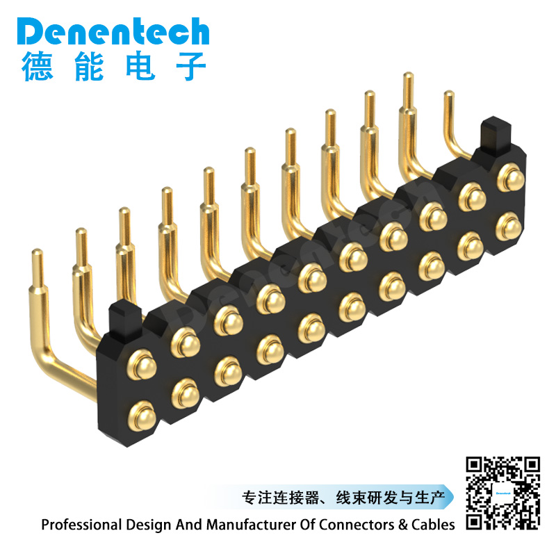 Denentech 2.54MM pogo pin H1.27MM dual row male right angle spring test probe pogo pin connector with peg